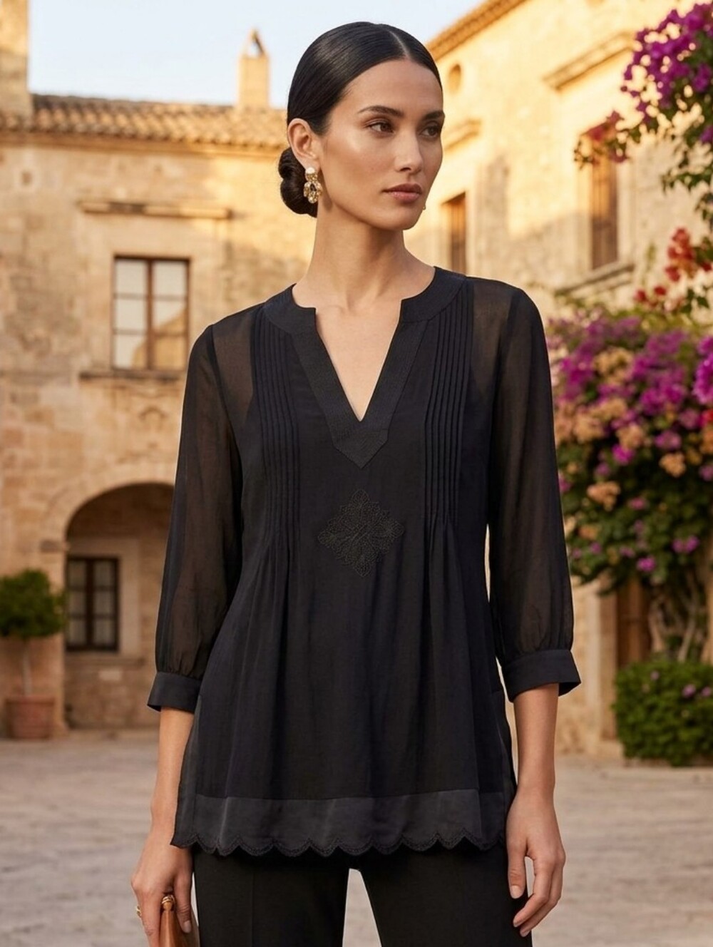 Sandra Angelozzi Women's Boho Whimsigoth Sheer Black Silk V-neck Blouse Size M